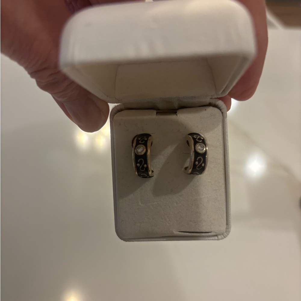 Sterling Silver & Blue Enamel Half Hoop Earrings with Diamonique CZ Stones